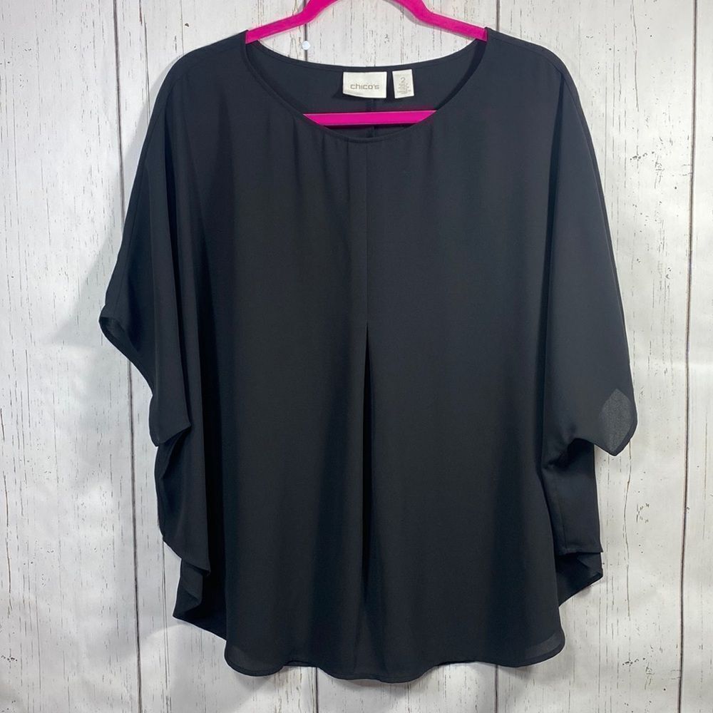 Chicos Womens Black Batwing 3/4 Sleeve Layered Loose Fit Blouse